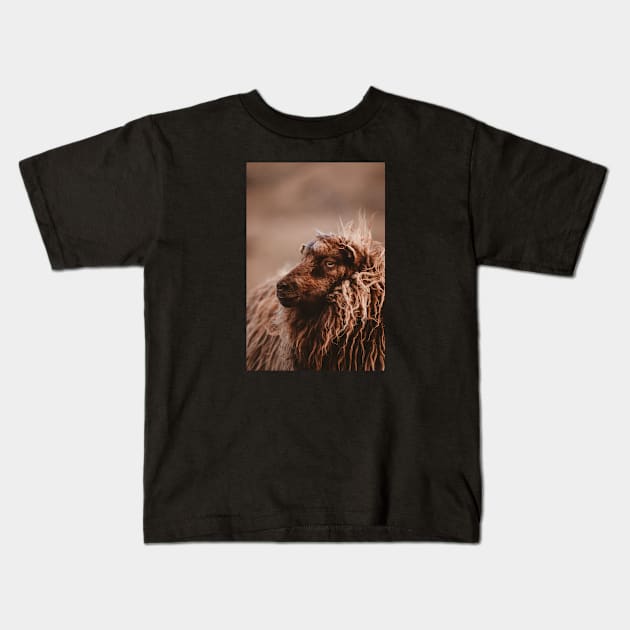 Photograph of cute shaggy faroese sheep in Faroe Islands Kids T-Shirt by keeplooping